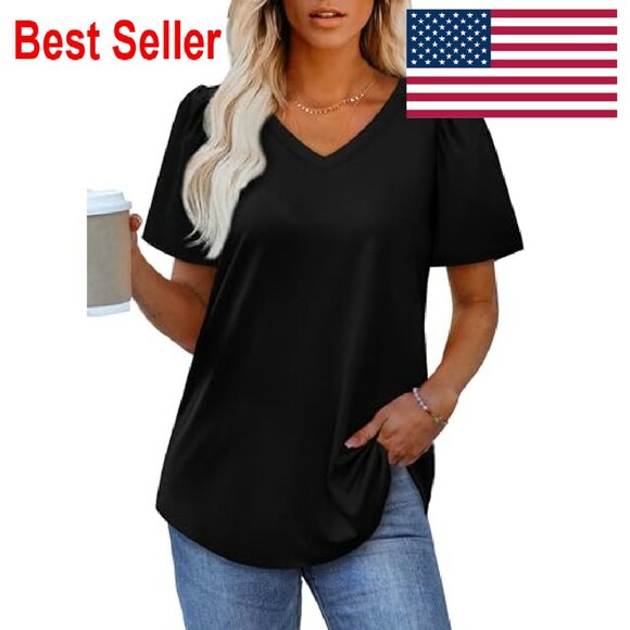 V-Neck Puff Sleeve Blouse Loose Fit Casual Chic Summer Tops Dressy - Picture 3 of 8